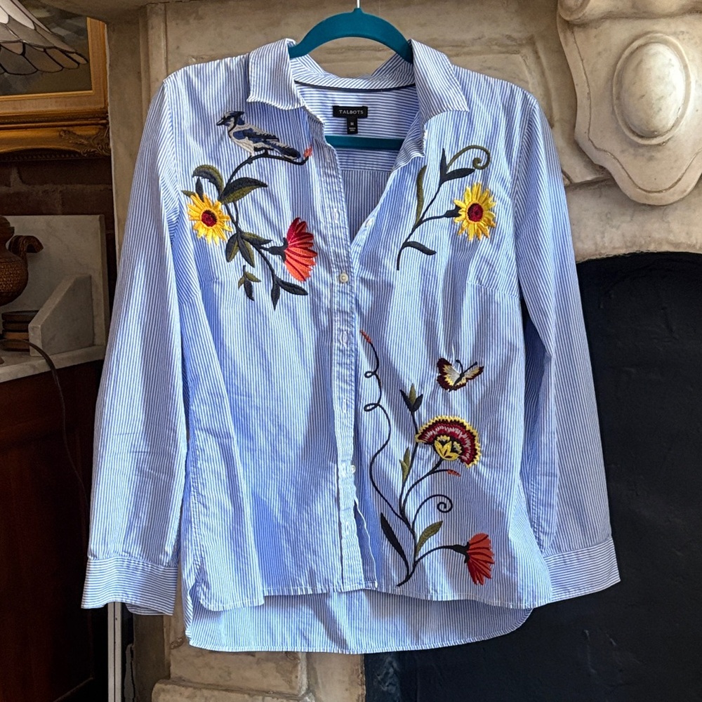Talbots Light Blue Striped Button-Down Shirt with Floral Embroidery